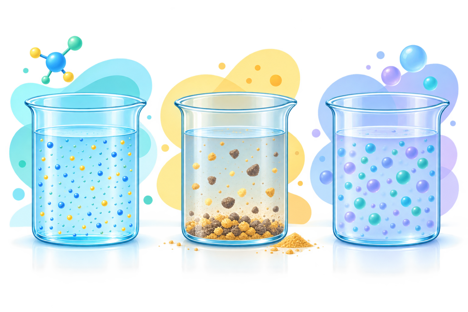Ilustración de tres beakers que representan una solución, una suspensión y un coloide